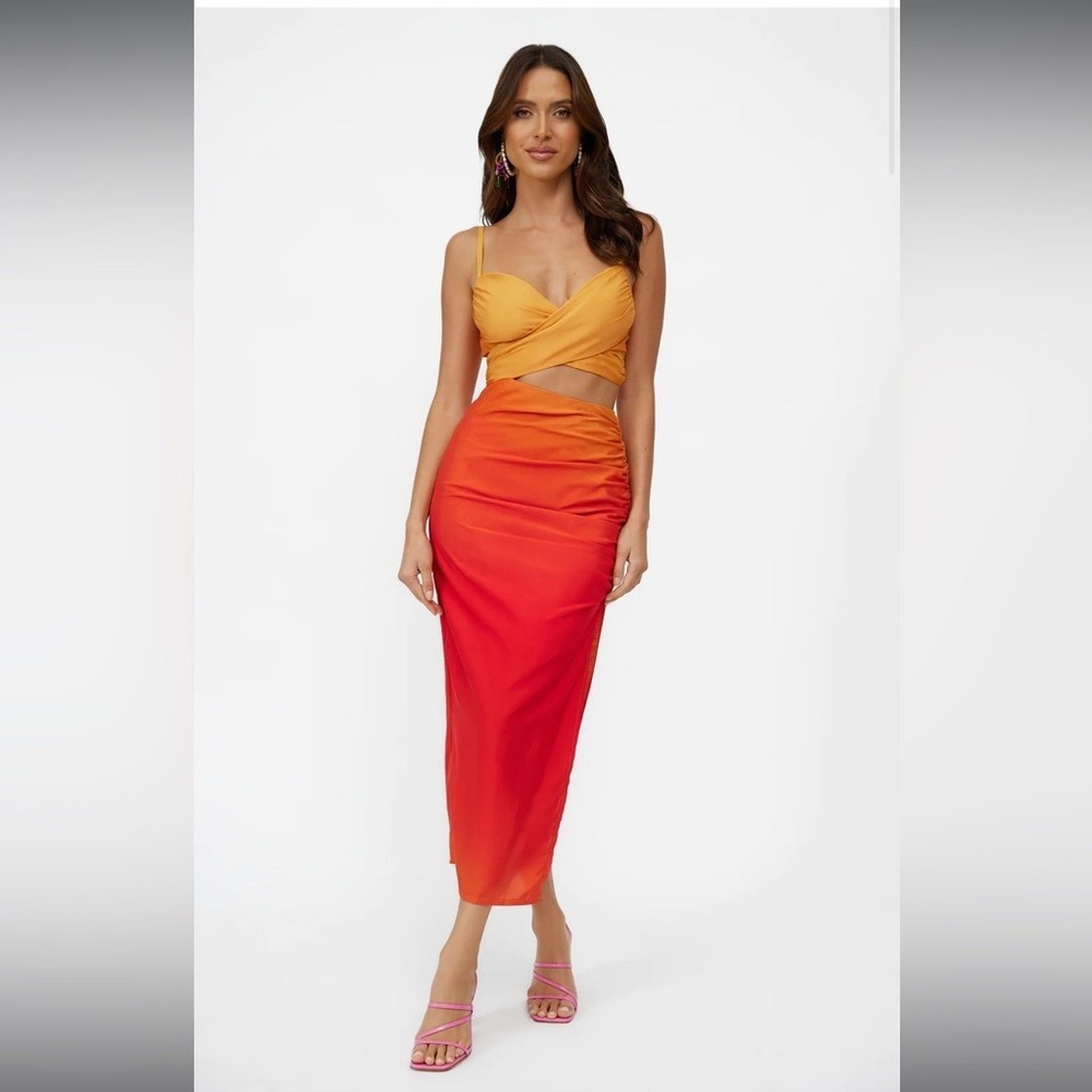 NWT Hello Molly Twin Flame Midi Dress Slit Ombre Yellow Orange Sz 2 Summer Party